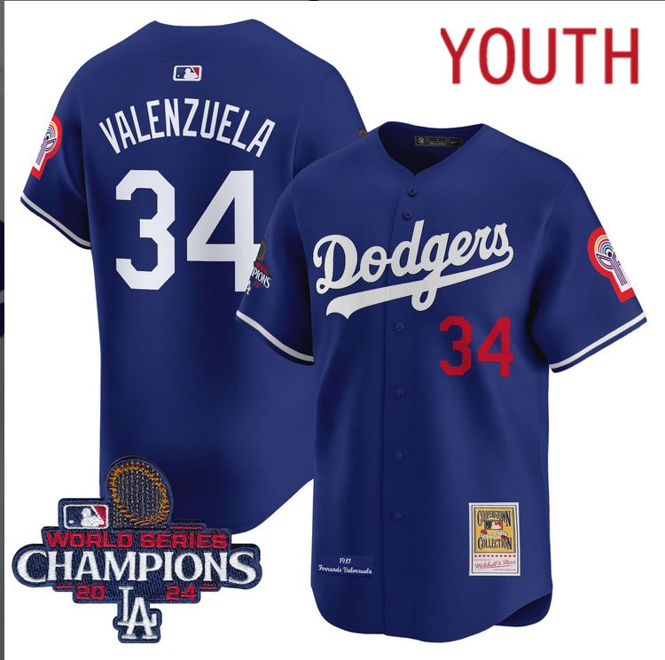 Youth  MLB Los Angeles Dodgers #34 Valenzuela blue 2024 World Series Champions Patch Cooperstown Jersey